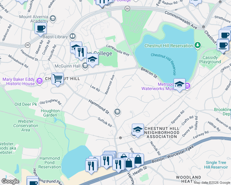 map of restaurants, bars, coffee shops, grocery stores, and more near 85 Gate House Road in Newton