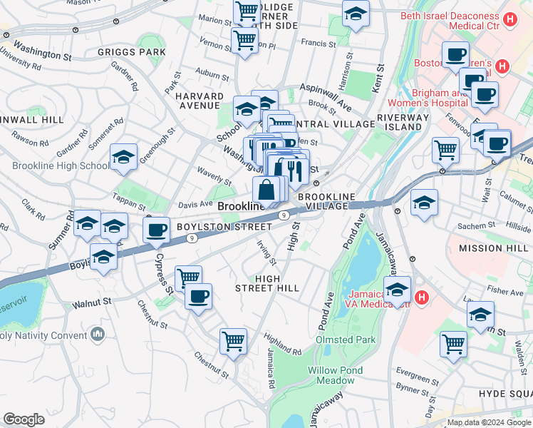 map of restaurants, bars, coffee shops, grocery stores, and more near 81 Boylston Street in Brookline