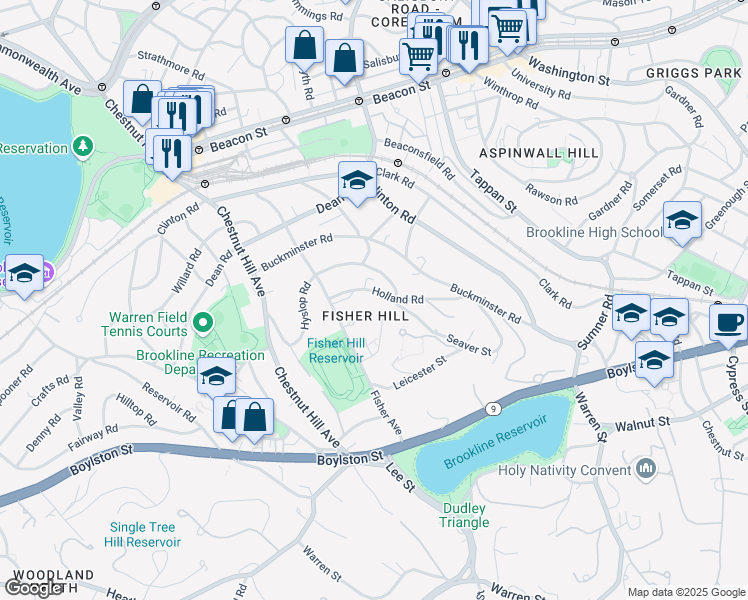 map of restaurants, bars, coffee shops, grocery stores, and more near 90 Holland Road in Brookline