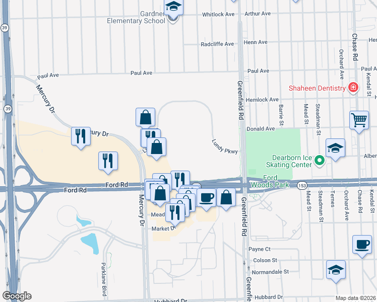 map of restaurants, bars, coffee shops, grocery stores, and more near 15555 Lundy Parkway in Dearborn