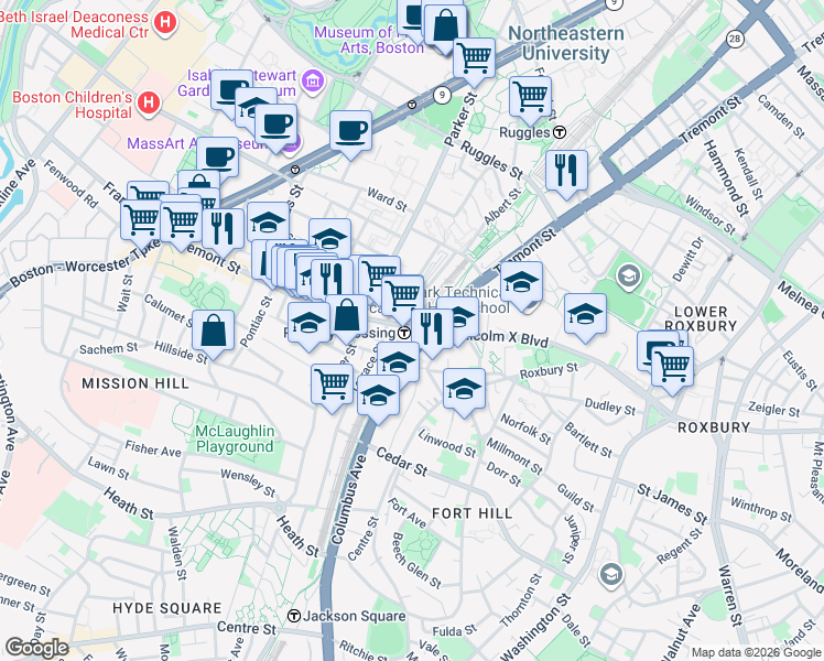 map of restaurants, bars, coffee shops, grocery stores, and more near 1400 Tremont Street in Boston