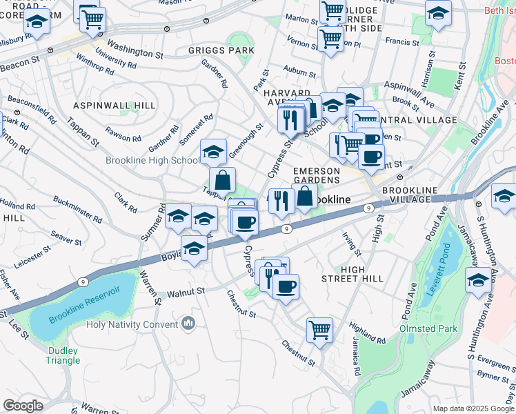 map of restaurants, bars, coffee shops, grocery stores, and more near 102 Cypress Street in Brookline