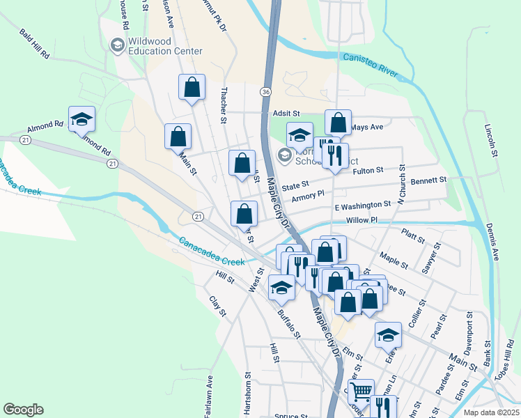 map of restaurants, bars, coffee shops, grocery stores, and more near 110 Hornell Street in Hornell