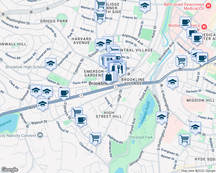 map of restaurants, bars, coffee shops, grocery stores, and more near 71 Massachusetts 9 in Brookline