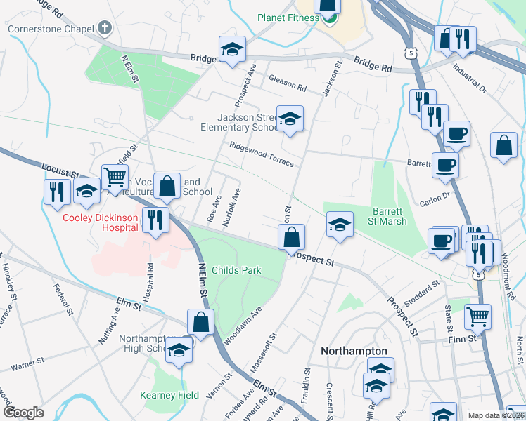 map of restaurants, bars, coffee shops, grocery stores, and more near 37 Prospect Heights in Northampton