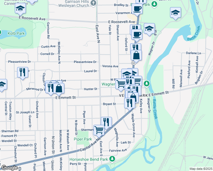 map of restaurants, bars, coffee shops, grocery stores, and more near 347 Hunter Street in Battle Creek