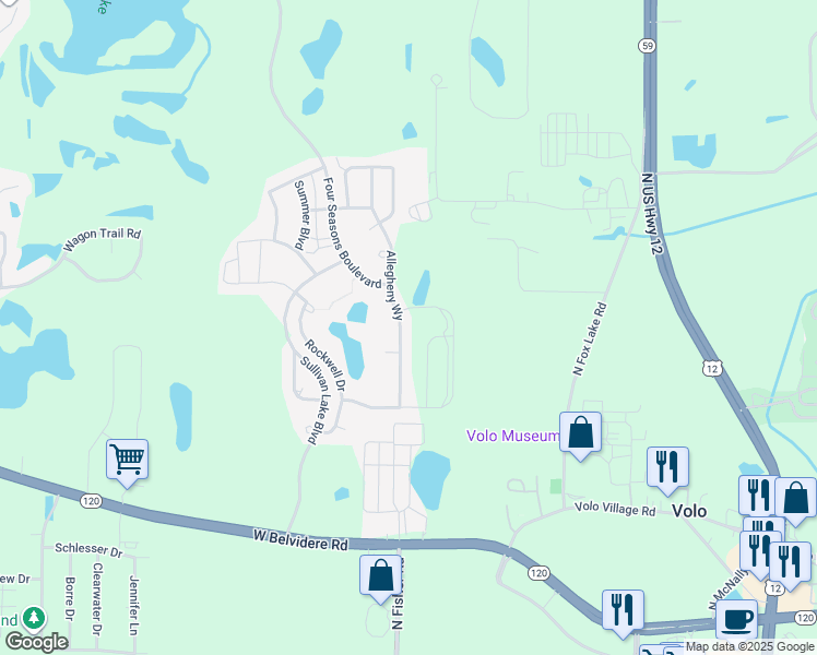 map of restaurants, bars, coffee shops, grocery stores, and more near 32187 Allegheny Way in Lakemoor