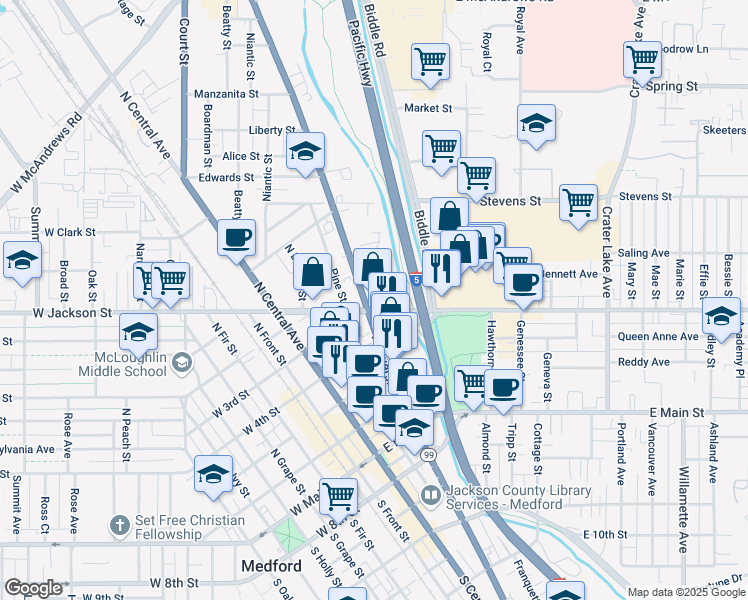 map of restaurants, bars, coffee shops, grocery stores, and more near 400 North Riverside Avenue in Medford