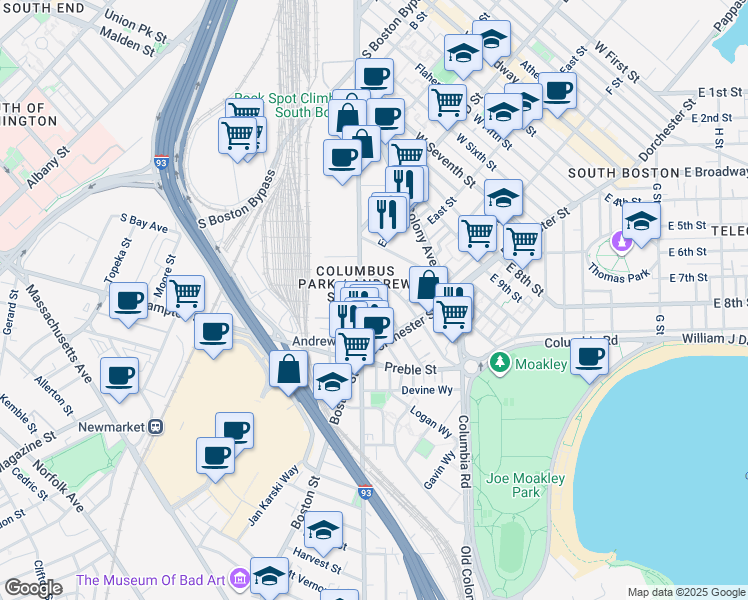 map of restaurants, bars, coffee shops, grocery stores, and more near 23 Woodward Street in Boston