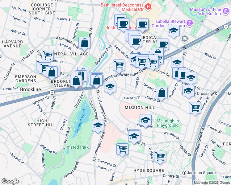 map of restaurants, bars, coffee shops, grocery stores, and more near 44 Parker Hill Avenue in Boston
