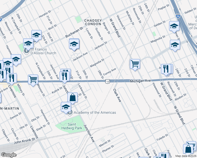 map of restaurants, bars, coffee shops, grocery stores, and more near 3514 29th Street in Detroit