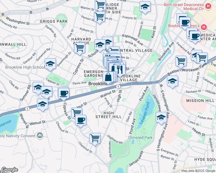 map of restaurants, bars, coffee shops, grocery stores, and more near 81 Boylston Street in Brookline