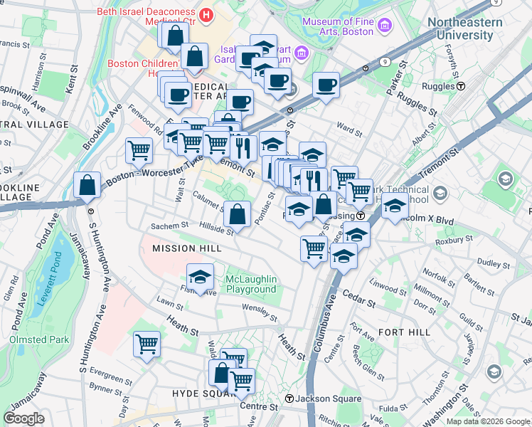 map of restaurants, bars, coffee shops, grocery stores, and more near 40 Pontiac Street in Boston