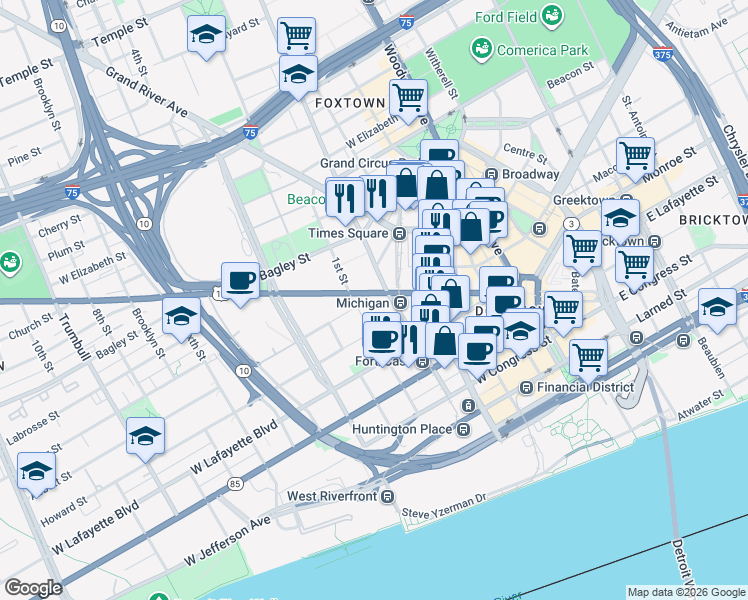 map of restaurants, bars, coffee shops, grocery stores, and more near 477 Michigan Avenue in Detroit