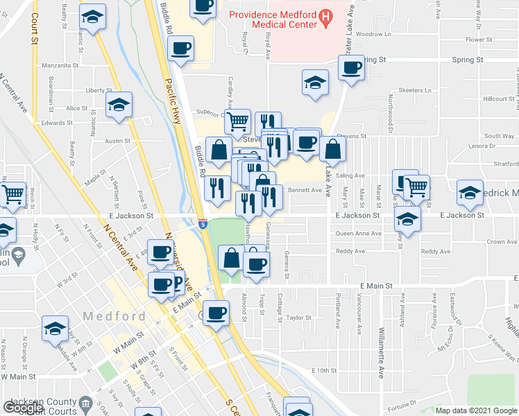 map of restaurants, bars, coffee shops, grocery stores, and more near 613 East Jackson Street in Medford
