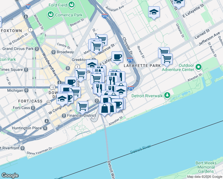 map of restaurants, bars, coffee shops, grocery stores, and more near 510 Larned Street in Detroit