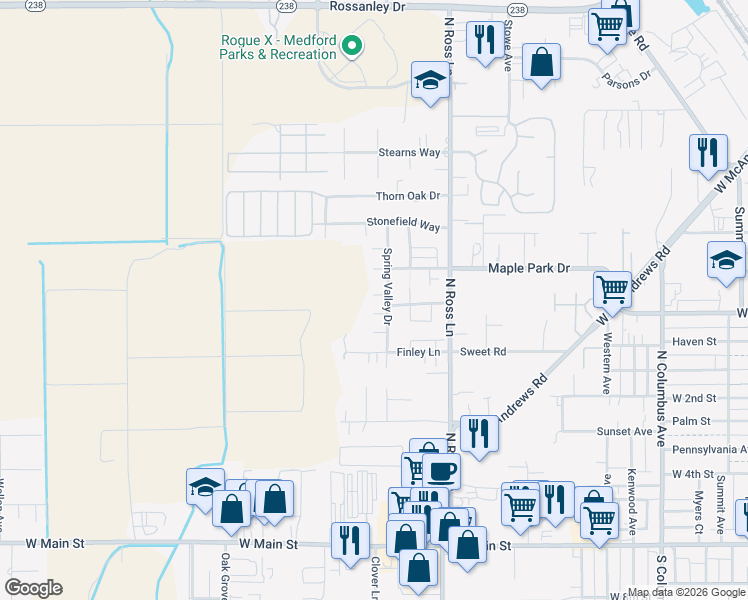 map of restaurants, bars, coffee shops, grocery stores, and more near 665 Spring Valley Drive in Medford