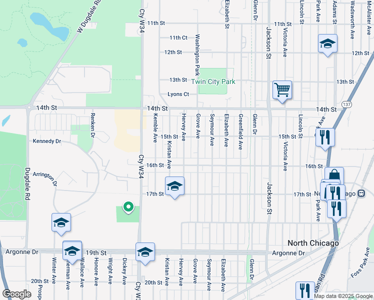 map of restaurants, bars, coffee shops, grocery stores, and more near 1519 Hervey Avenue in North Chicago