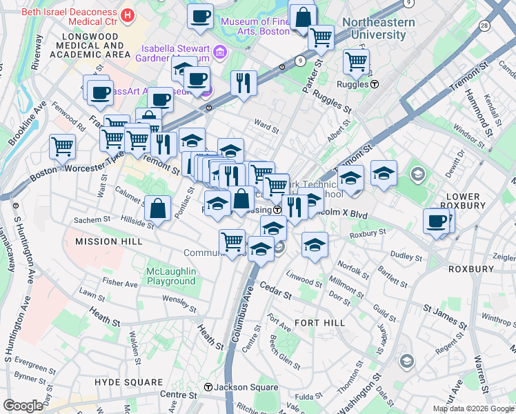 map of restaurants, bars, coffee shops, grocery stores, and more near 1440 Tremont Street in Boston