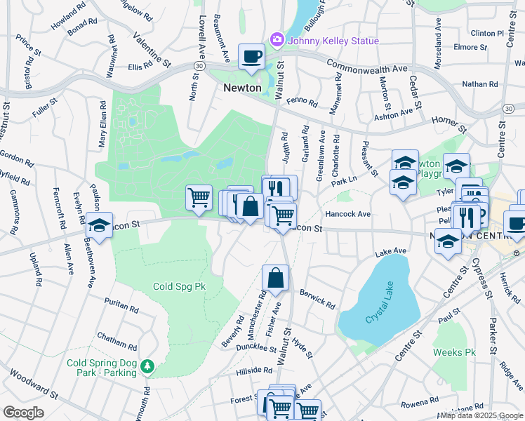 map of restaurants, bars, coffee shops, grocery stores, and more near 1115 Beacon Street in Newton