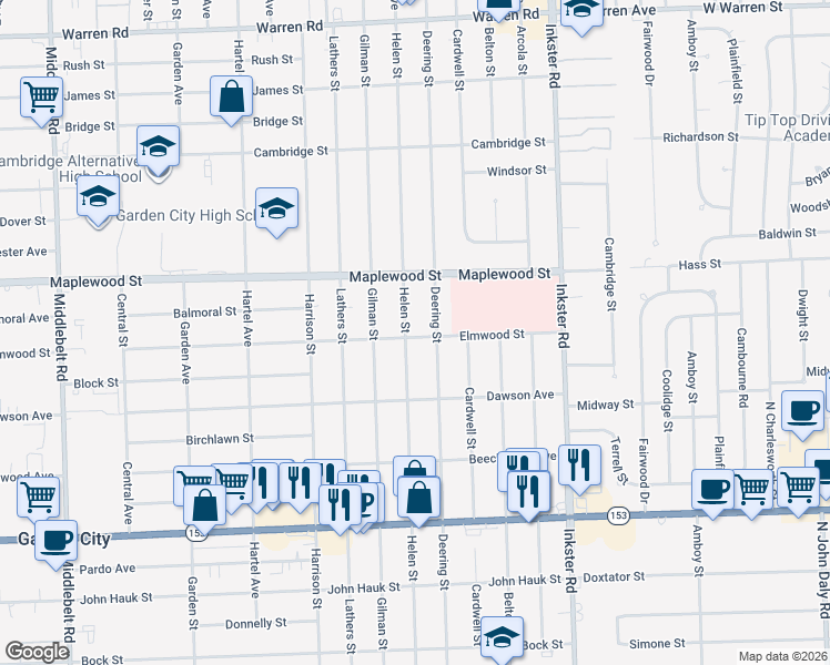 map of restaurants, bars, coffee shops, grocery stores, and more near 6310 Helen St in Garden City