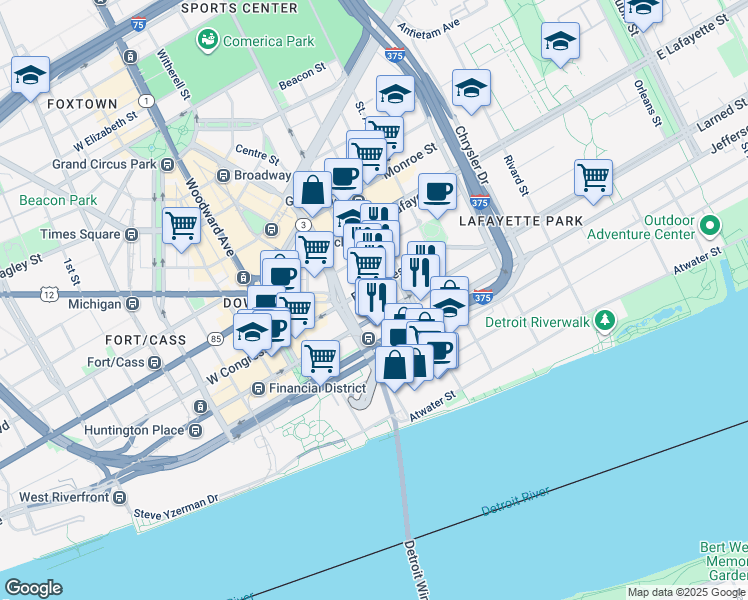 map of restaurants, bars, coffee shops, grocery stores, and more near 554 Brush Street in Detroit