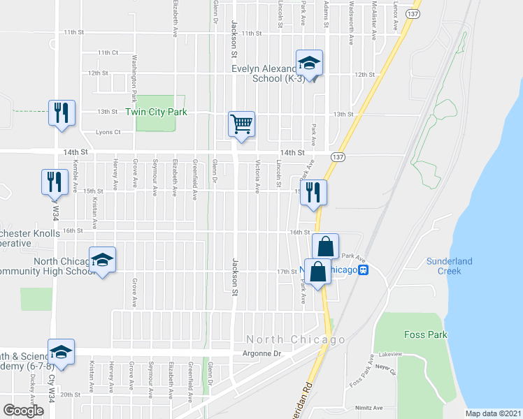 map of restaurants, bars, coffee shops, grocery stores, and more near 1521 Victoria Avenue in North Chicago