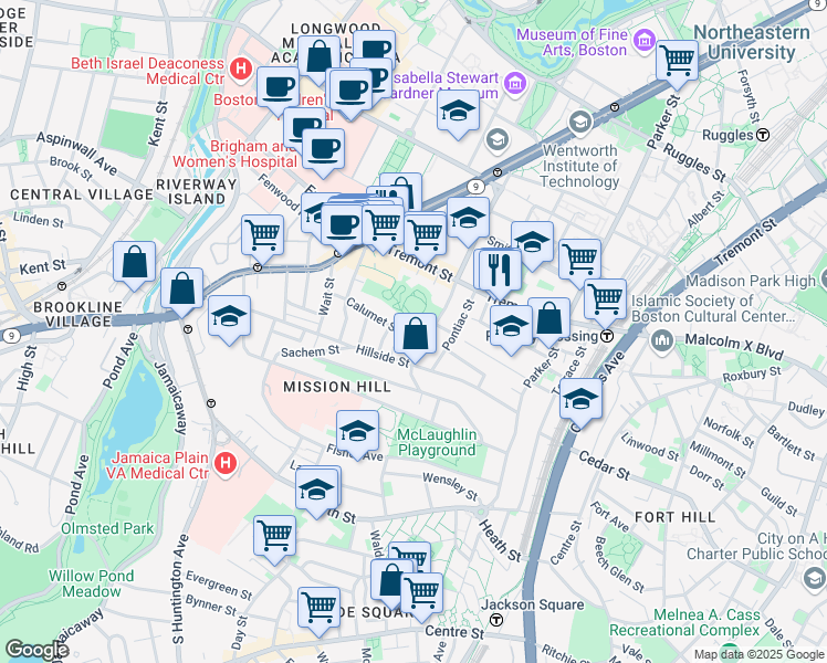 map of restaurants, bars, coffee shops, grocery stores, and more near 100 Calumet Street in Boston
