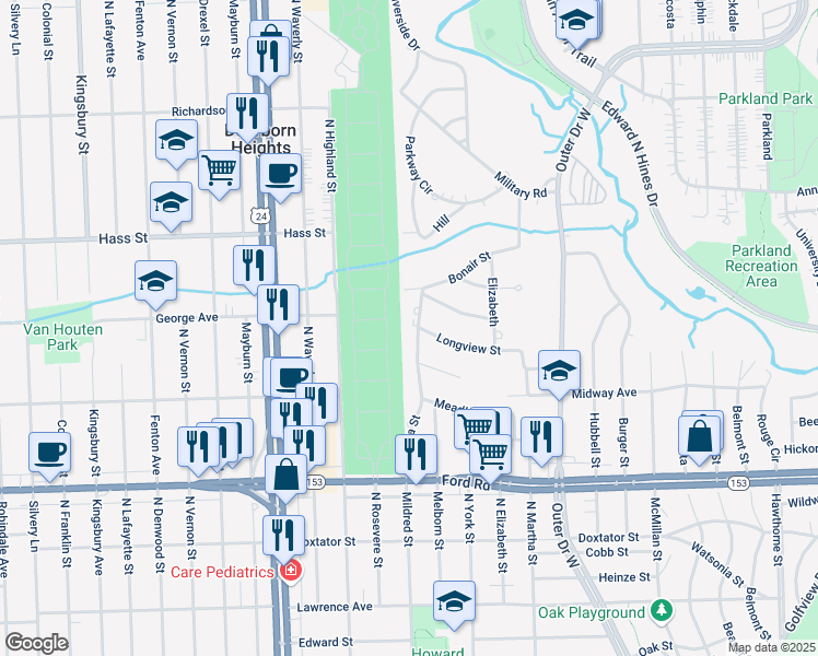 map of restaurants, bars, coffee shops, grocery stores, and more near 6001 Rosetta Street in Dearborn Heights