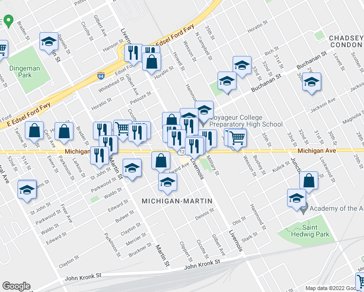 map of restaurants, bars, coffee shops, grocery stores, and more near 6300 Michigan Avenue in Detroit