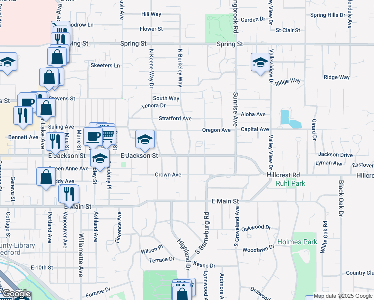 map of restaurants, bars, coffee shops, grocery stores, and more near 303 North Berkeley Way in Medford