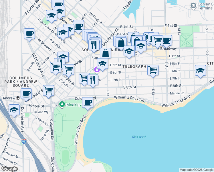 map of restaurants, bars, coffee shops, grocery stores, and more near 129 G Street in Boston