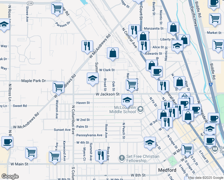 map of restaurants, bars, coffee shops, grocery stores, and more near 715 Oak Street in Medford