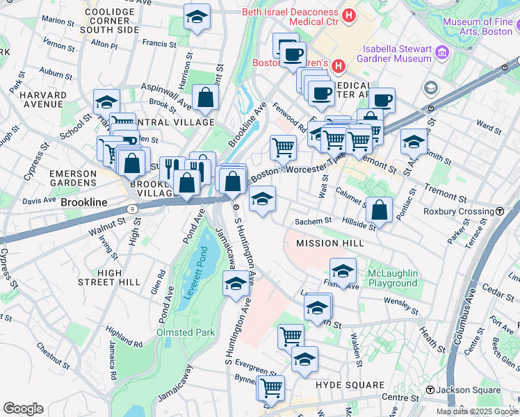 map of restaurants, bars, coffee shops, grocery stores, and more near 3 Parker Hill Terrace in Boston