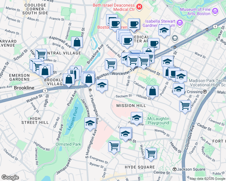 map of restaurants, bars, coffee shops, grocery stores, and more near 11 Sunset Street in Boston