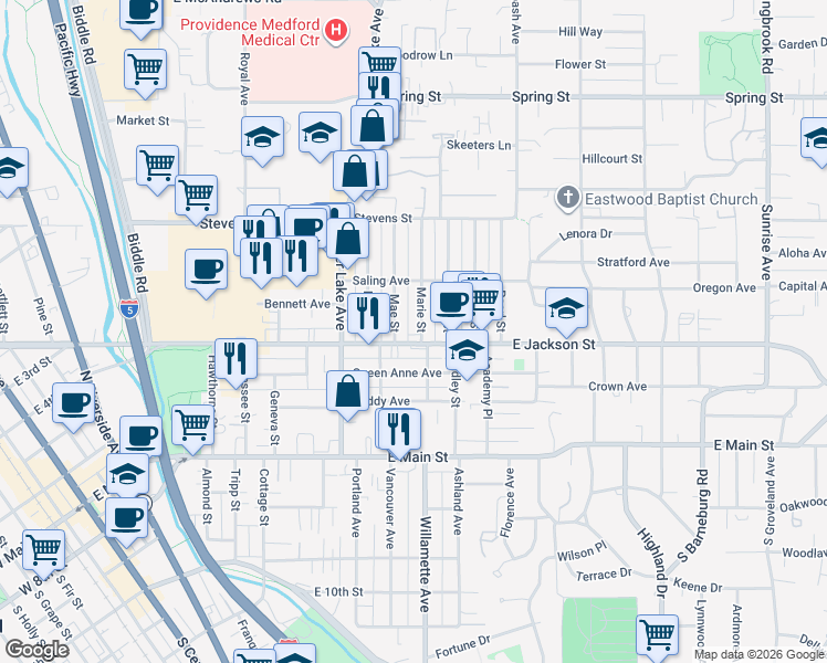 map of restaurants, bars, coffee shops, grocery stores, and more near 314 Marie Street in Medford