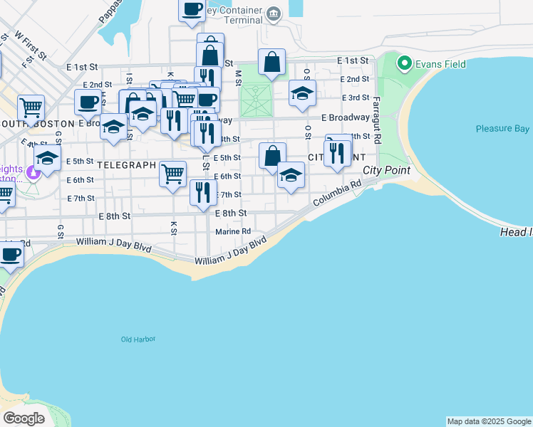 map of restaurants, bars, coffee shops, grocery stores, and more near 202 N Street in Boston