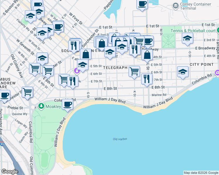 map of restaurants, bars, coffee shops, grocery stores, and more near 500-A East 8th Street in Boston