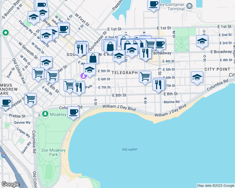 map of restaurants, bars, coffee shops, grocery stores, and more near 500-A East 8th Street in Boston