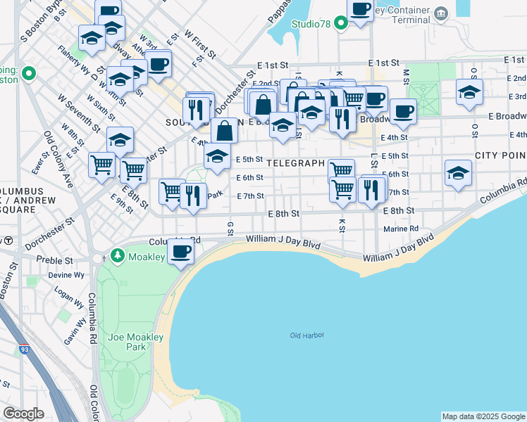 map of restaurants, bars, coffee shops, grocery stores, and more near 500-A East 8th Street in Boston
