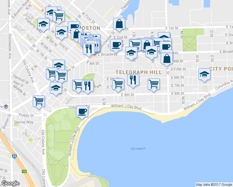 map of restaurants, bars, coffee shops, grocery stores, and more near 454 East 8th Street in Boston