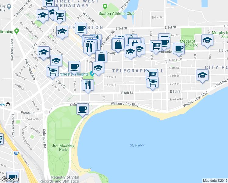 map of restaurants, bars, coffee shops, grocery stores, and more near 454 East 8th Street in Boston