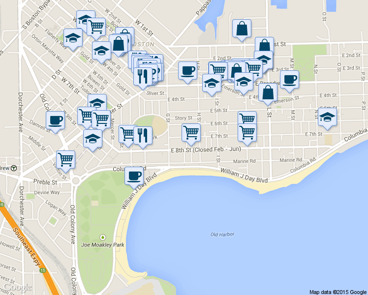 map of restaurants, bars, coffee shops, grocery stores, and more near 454 East 8th Street in Boston
