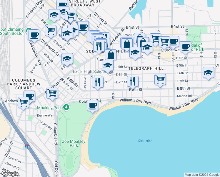 map of restaurants, bars, coffee shops, grocery stores, and more near 412 East 8th Street in Boston