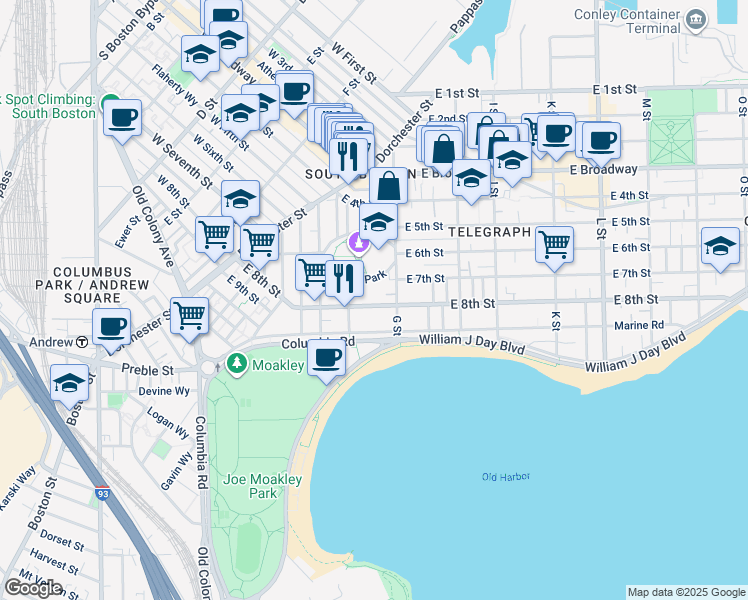 map of restaurants, bars, coffee shops, grocery stores, and more near 412 East 8th Street in Boston