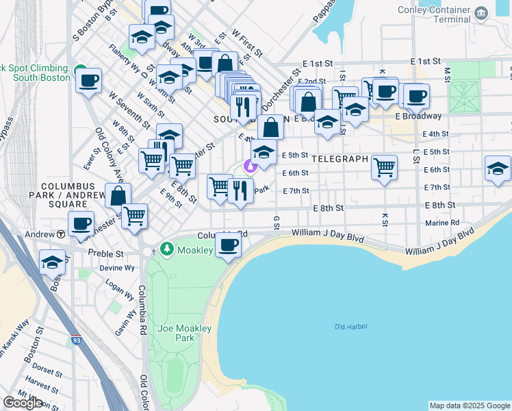 map of restaurants, bars, coffee shops, grocery stores, and more near 378 East 8th Street in Boston