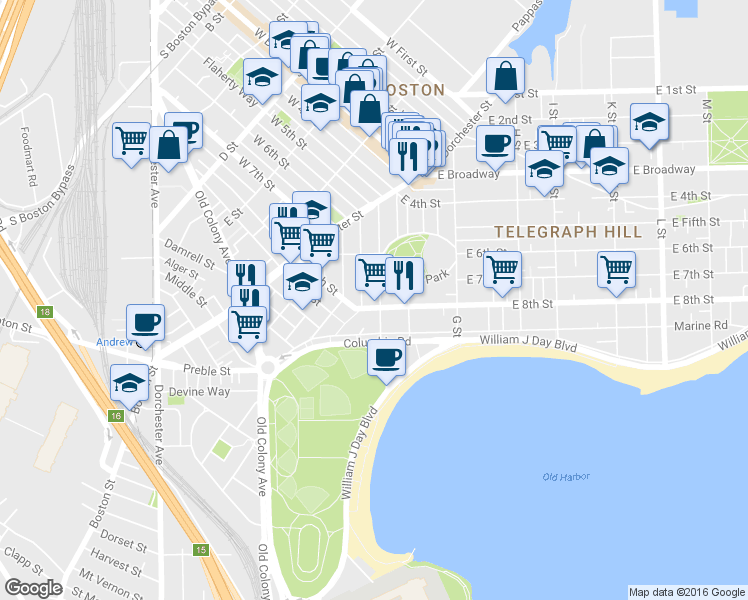 map of restaurants, bars, coffee shops, grocery stores, and more near 99 Old Harbor Street in Boston