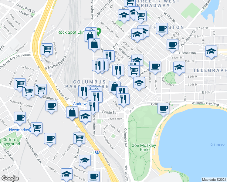 map of restaurants, bars, coffee shops, grocery stores, and more near in Boston