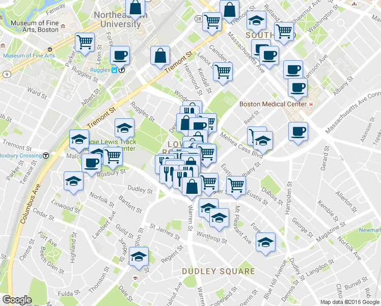 map of restaurants, bars, coffee shops, grocery stores, and more near 2249 Washington Street in Boston