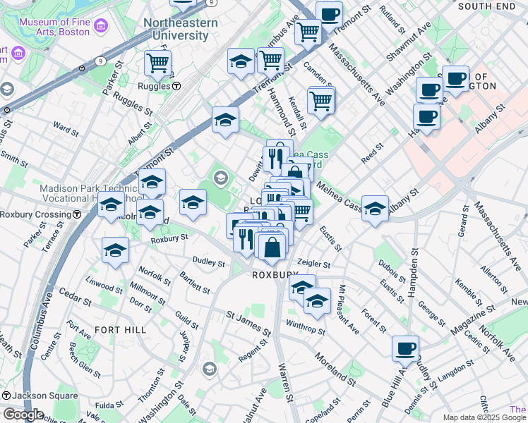 map of restaurants, bars, coffee shops, grocery stores, and more near 2249 Washington Street in Boston